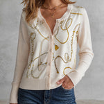 ElevenOra Chic Cream Round Neck Single-Breasted Spliced Satin Fabric Gold Chain Print Long Sleeve Rrgular-Fit Rib Knit Cardigan Top