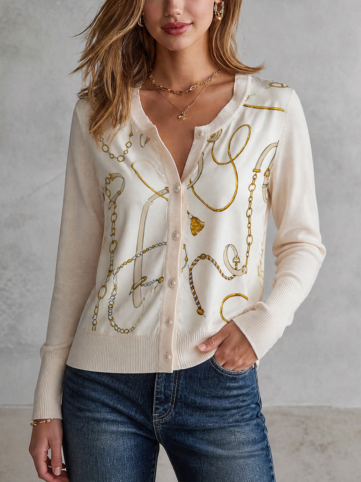 ElevenOra Chic Cream Round Neck Single-Breasted Spliced Satin Fabric Gold Chain Print Long Sleeve Rrgular-Fit Rib Knit Cardigan Top