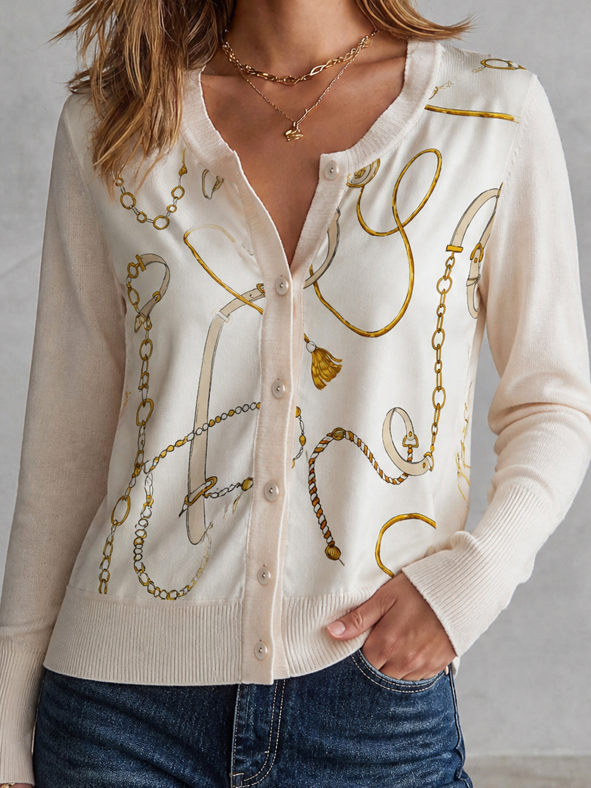 ElevenOra Chic Cream Round Neck Single-Breasted Spliced Satin Fabric Gold Chain Print Long Sleeve Rrgular-Fit Rib Knit Cardigan Top