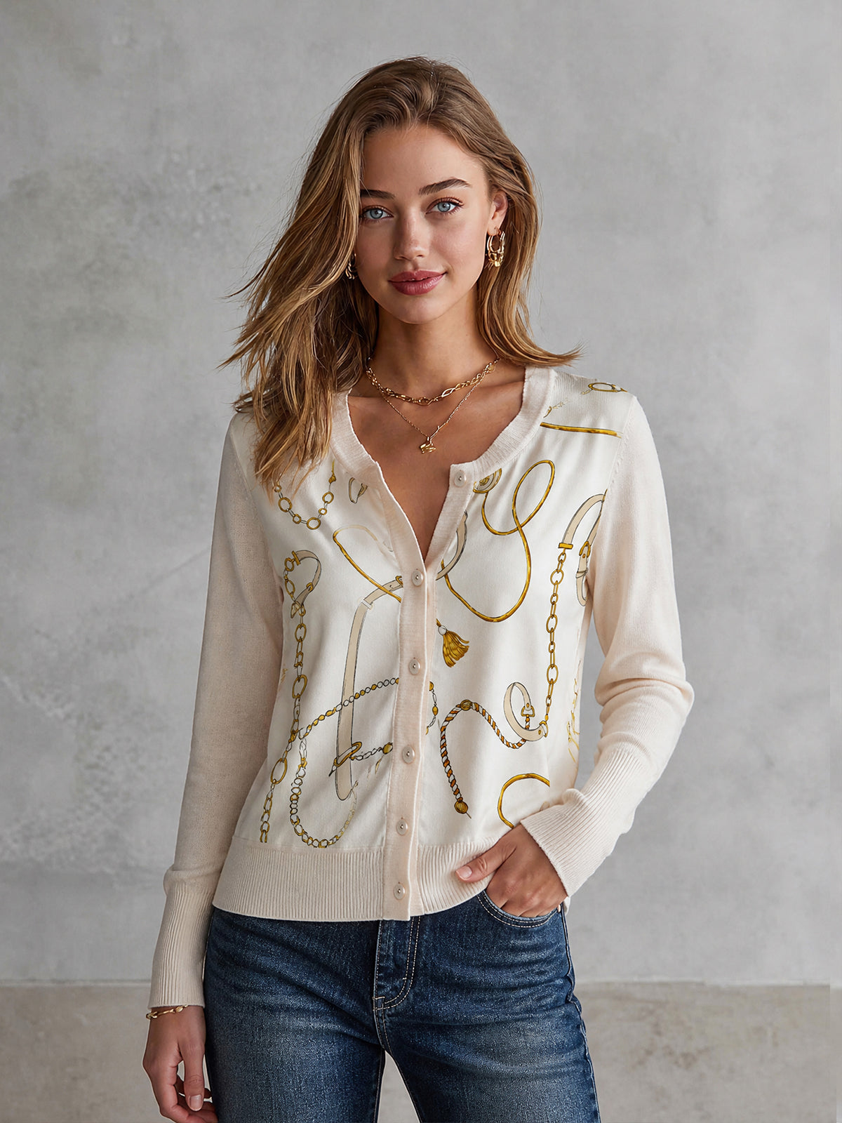 ElevenOra Chic Cream Round Neck Single-Breasted Spliced Satin Fabric Gold Chain Print Long Sleeve Rrgular-Fit Rib Knit Cardigan Top