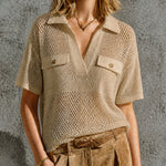 ElevenOra Chic Khaki Lapel Half Sleeve Flap Pockets Buttons Detail Loose-Fit Hollow Knit Swaeter Top