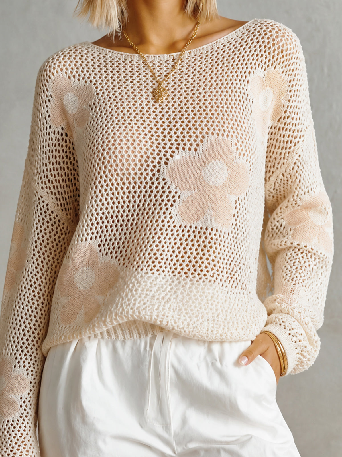 ElevenOra Chic Cream-Nude Pink Colorblock Floral Jacquard Boat Neck Long Sleeve Loose-Fit Open Mesh Knit Sweater Top