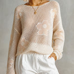 ElevenOra Chic Cream-Nude Pink Colorblock Floral Jacquard Boat Neck Long Sleeve Loose-Fit Open Mesh Knit Sweater Top