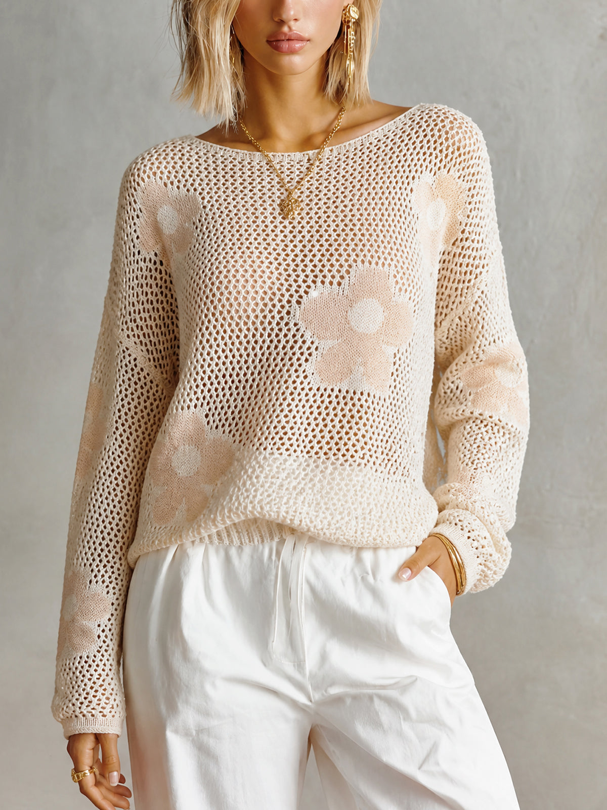 ElevenOra Chic Cream-Nude Pink Colorblock Floral Jacquard Boat Neck Long Sleeve Loose-Fit Open Mesh Knit Sweater Top