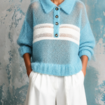 ElevenOra Chic Casual Sky Blue-White Lapel Collar Half Button Contrast Trim Long Sleeve Loose-Fit Knit Sweater Top