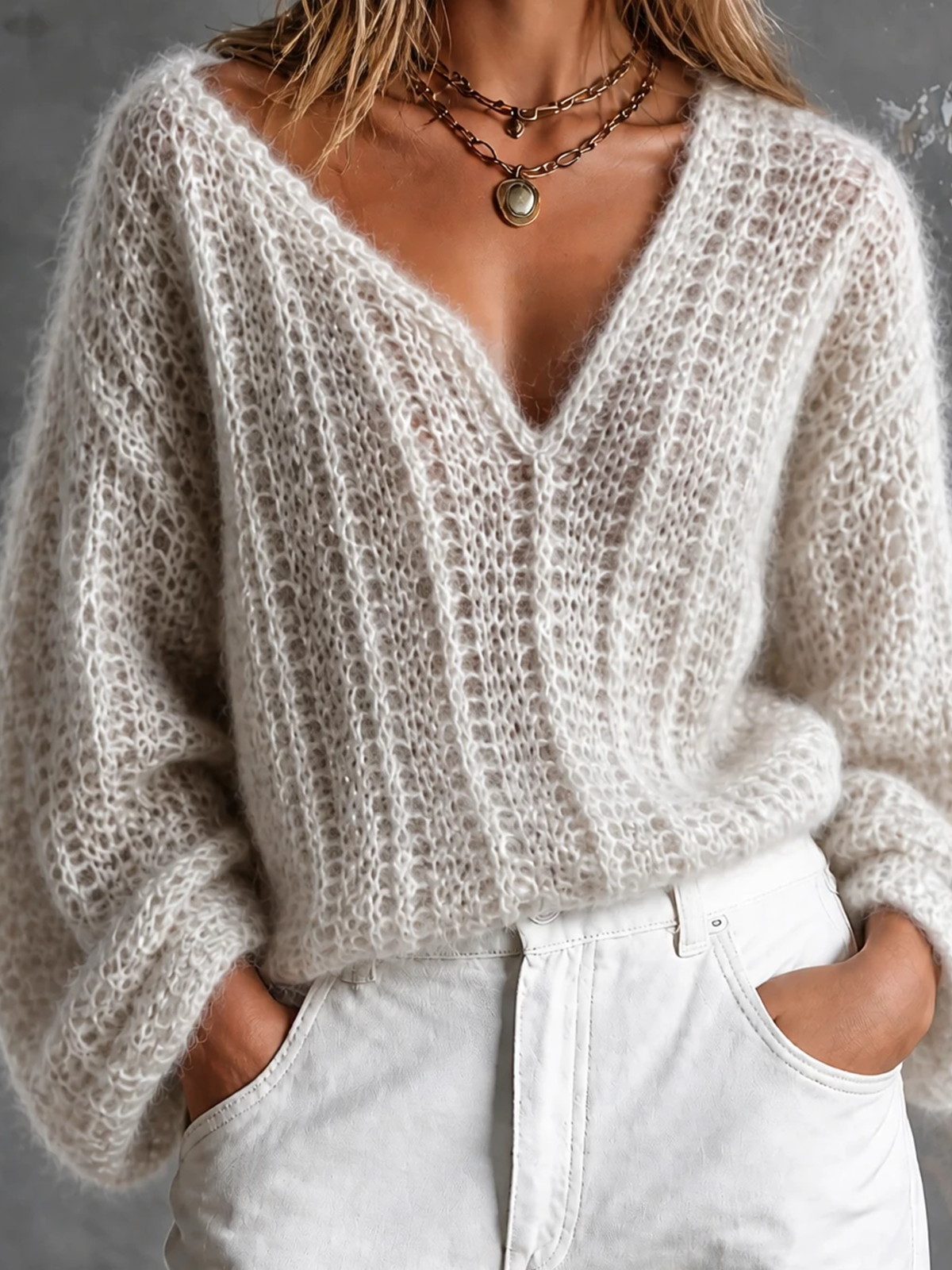 ElevenOra Chic Casual Off White V-Neck Long Sleeve Loose-Fit Open Sheer Fuzzy Knit Sweater Top
