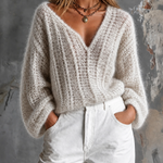 ElevenOra Chic Casual Off White V-Neck Long Sleeve Loose-Fit Open Sheer Fuzzy Knit Sweater Top