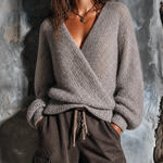ElevenOra Chic Casual Heather Gray Wrap V-Neck Long Sleeve Loose-Fit Knit Sweater Top