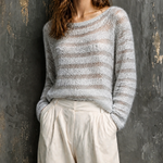 ElevenOra Chic Casual Light Gray Wrap Round Neck Stripe Sheer Long Sleeve Loose-Fit Knit Sweater Top