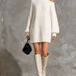 ElevenOra Chic Elegant White Turtleneck Cold Shoulder Long Sleeve Loose-Fit Knit Mini Dress