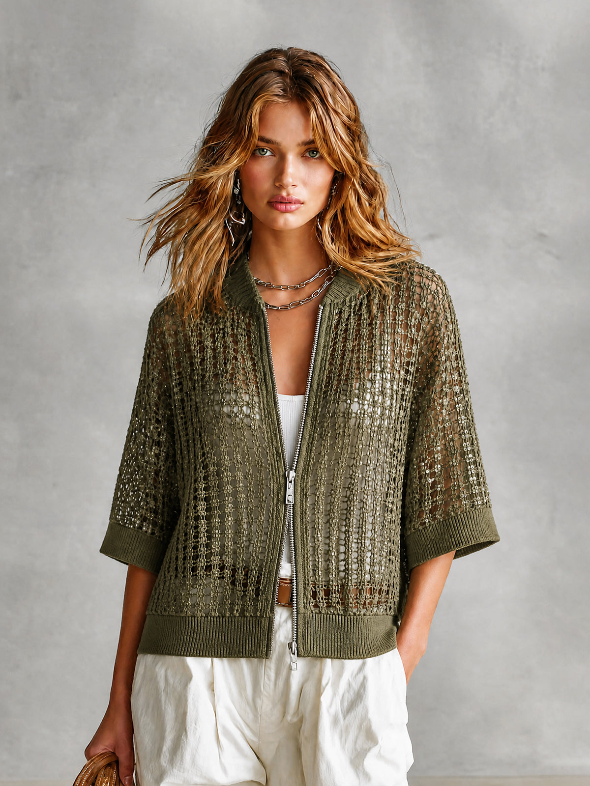 ElevenOra Chic Olive Green Baseball Collar Sequins Double-Ended Zip Half Sleeve Loose Mesh Knit Cardigan Top