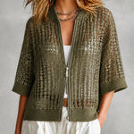 ElevenOra Chic Olive Green Baseball Collar Sequins Double-Ended Zip Half Sleeve Loose Mesh Knit Cardigan Top