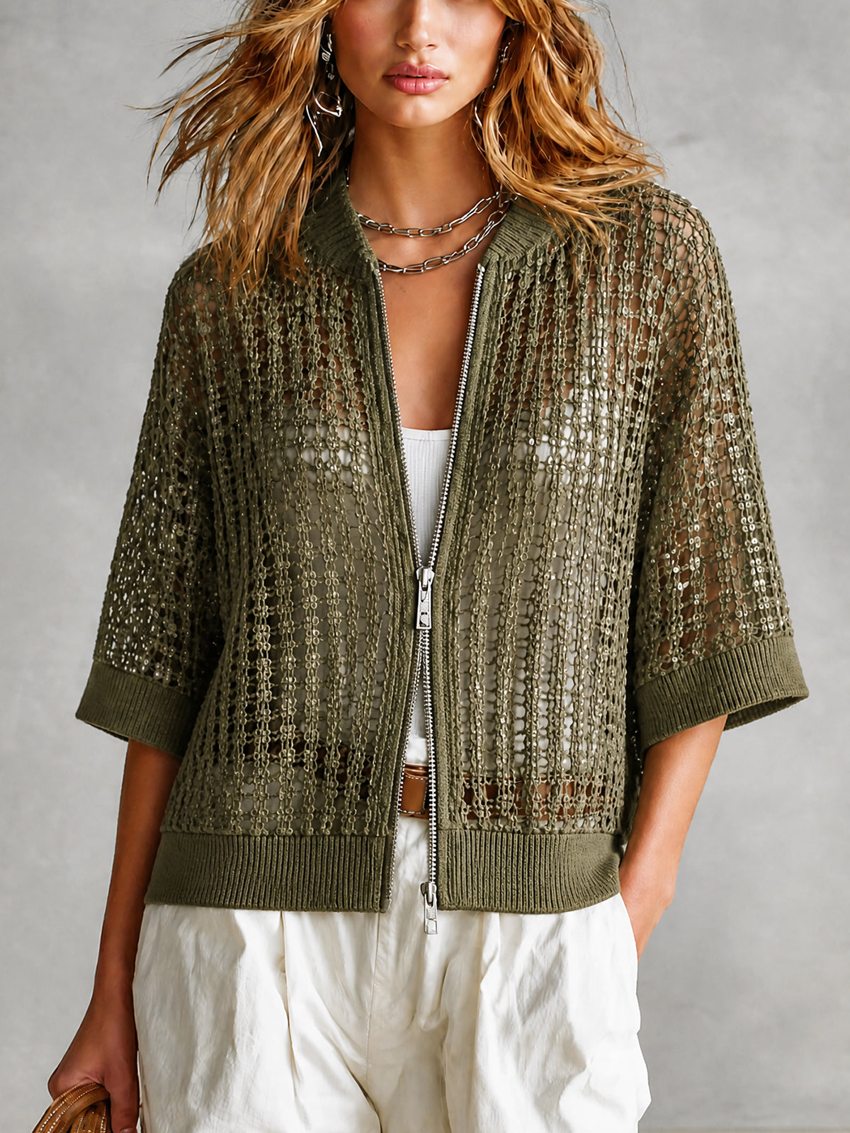 ElevenOra Chic Olive Green Baseball Collar Sequins Double-Ended Zip Half Sleeve Loose Mesh Knit Cardigan Top