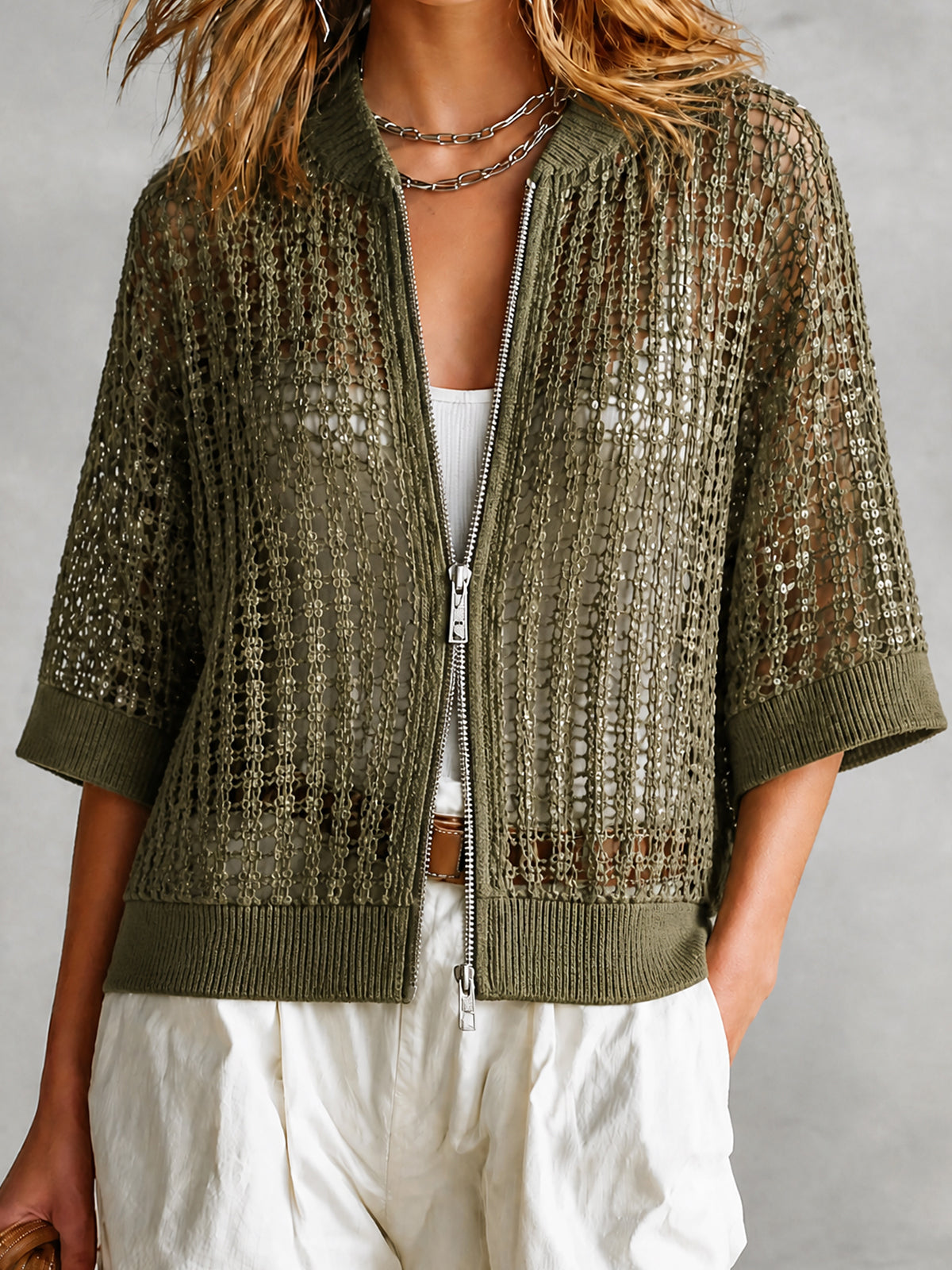 ElevenOra Chic Olive Green Baseball Collar Sequins Double-Ended Zip Half Sleeve Loose Mesh Knit Cardigan Top