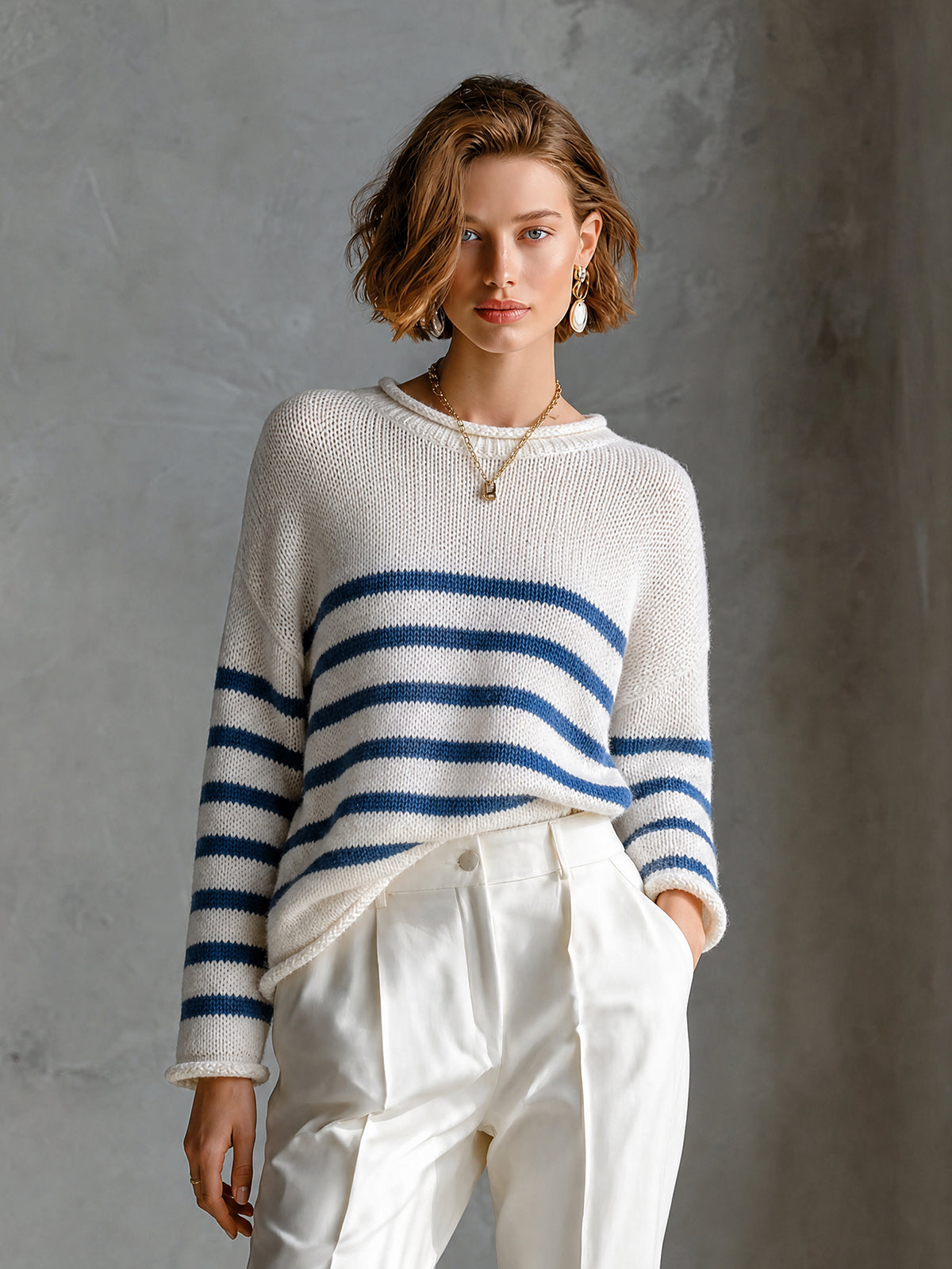 ElevenOra Chic Sailorcore Cream-Navy Colorblock Stripes Round Neck Long Sleeve Loose-Fit Knit Sweater Top
