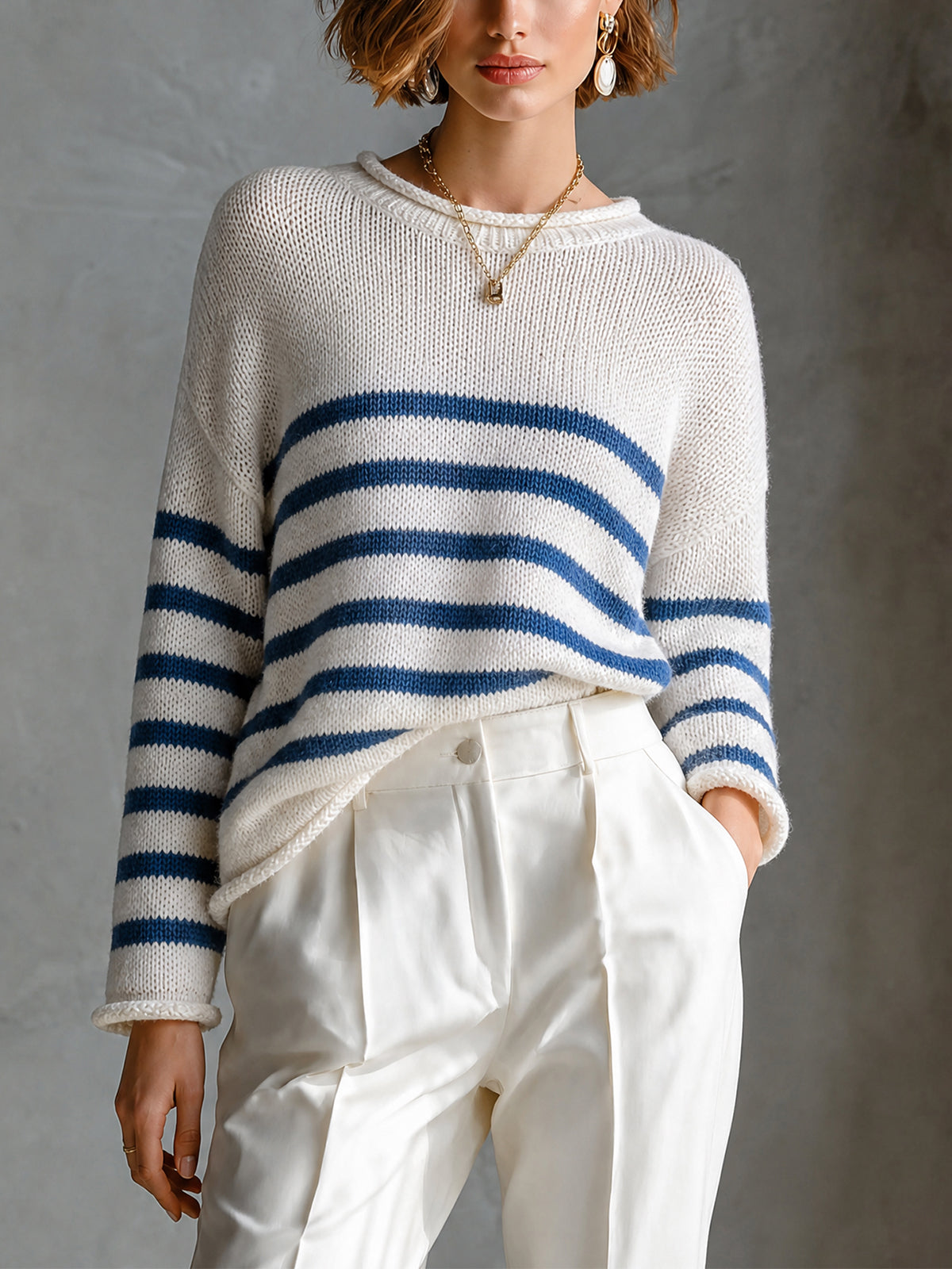 ElevenOra Chic Sailorcore Cream-Navy Colorblock Stripes Round Neck Long Sleeve Loose-Fit Knit Sweater Top
