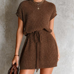 ElevenOra Chic Brown Turtleneck Short Sleeve Drawstring Waist Straight Skrit Loose-Fit Knit Mini Dress