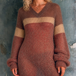 ElevenOra Chic Casual Rust Red-Brown Colorblock V Neck Long Sleeve Loose-Fit Knit Mini Dress