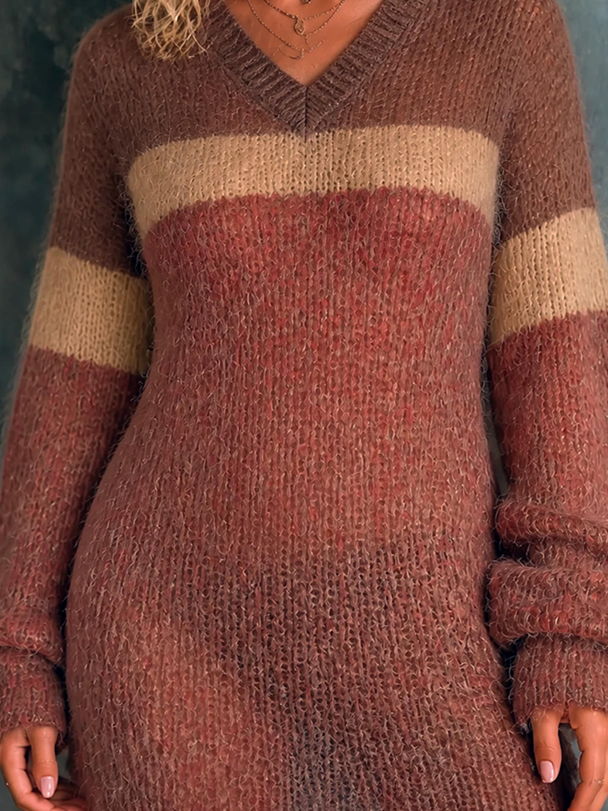 ElevenOra Chic Casual Rust Red-Brown Colorblock V Neck Long Sleeve Loose-Fit Knit Mini Dress