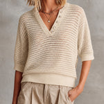 ElevenOra Chic Beige Henley Neck Button Detail Half Sleeve Loose-Fit Hollow Mesh Knit Sweater Top