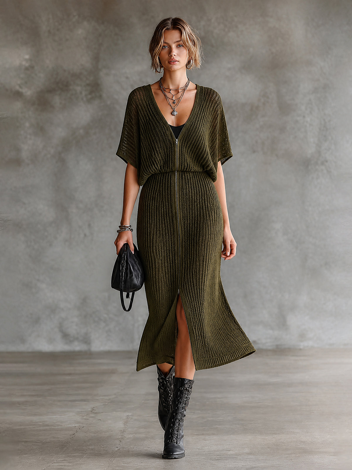 ElevenOra Chic Olive Green V-Neck Bawting Short Sleeve Double Zip A-Line Skirt Knit Midi Dress