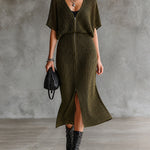 ElevenOra Chic Olive Green V-Neck Bawting Short Sleeve Double Zip A-Line Skirt Knit Midi Dress