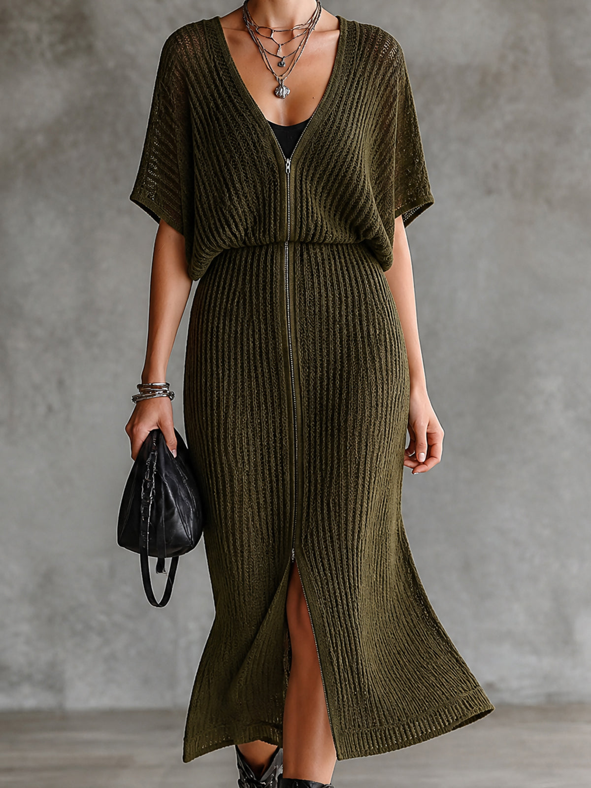 ElevenOra Chic Olive Green V-Neck Bawting Short Sleeve Double Zip A-Line Skirt Knit Midi Dress