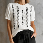 ElevenOra Chic Retro Cream-Black Colorblock Wheat Leaf Round Neck Short Sleeve Loose-Fit Cable Knit Sweater Top