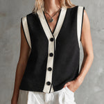 ElevenOra Chic Black-Cream Colorblock V-Neck Single-Breasted Loose-Fit Knit Vest Top