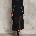 ElevenOra Chic Black Round Neck Long Sleeve Asymmetrical Splic Hem Pleated Skirt Slim-Fit Knit Midi Dress