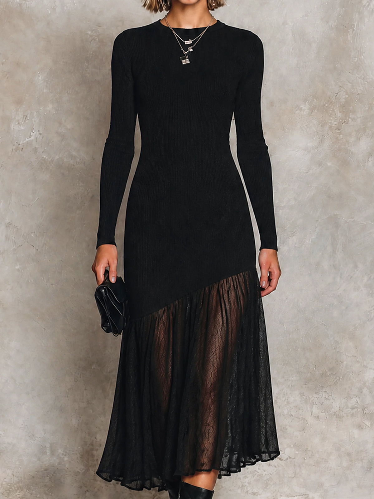 ElevenOra Chic Black Round Neck Long Sleeve Asymmetrical Splic Hem Pleated Skirt Slim-Fit Knit Midi Dress