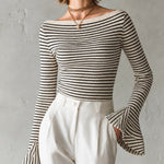 ElevenOra Chic Elegant White-Black Stripe Off-Shoulder Long Sleeve Flared Cuff Slim-Fit Rib Knit Sweater Top