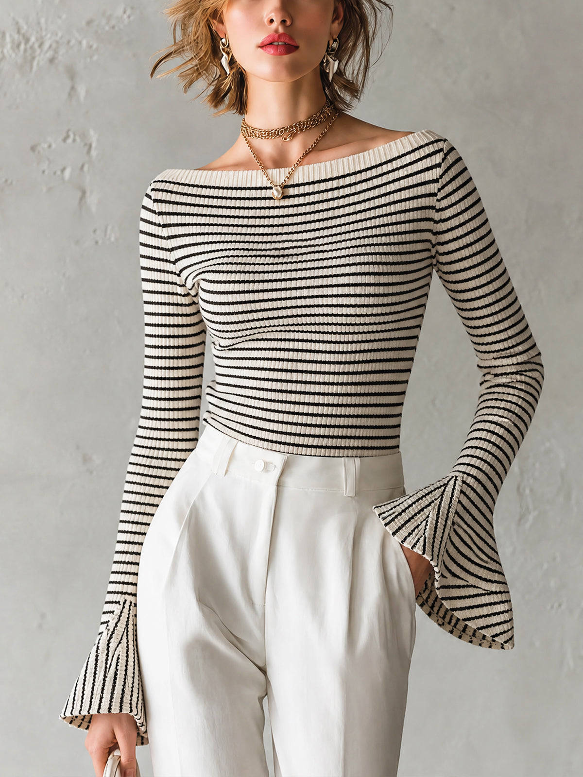 ElevenOra Chic Elegant White-Black Stripe Off-Shoulder Long Sleeve Flared Cuff Slim-Fit Rib Knit Sweater Top