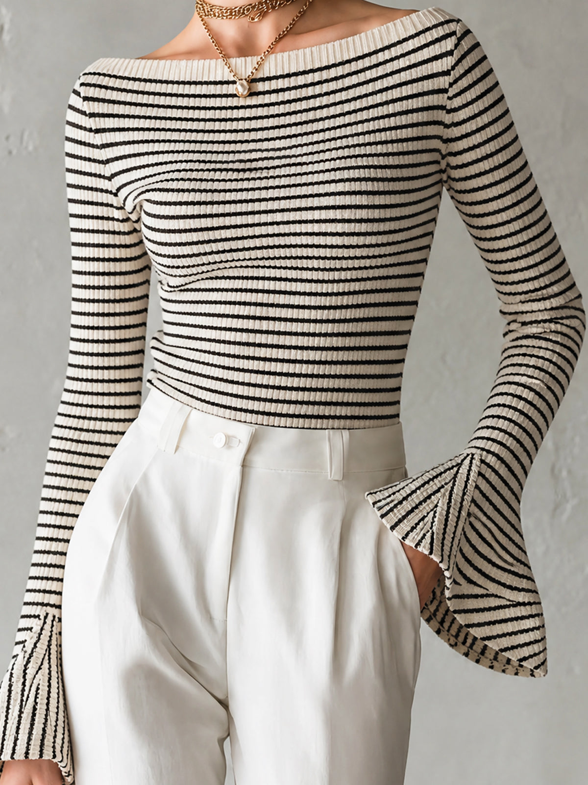 ElevenOra Chic Elegant White-Black Stripe Off-Shoulder Long Sleeve Flared Cuff Slim-Fit Rib Knit Sweater Top