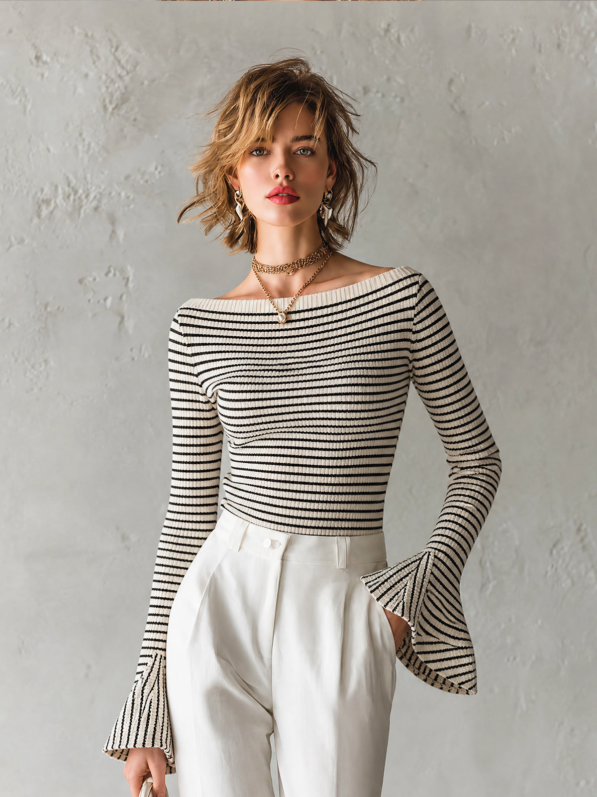 ElevenOra Chic Elegant White-Black Stripe Off-Shoulder Long Sleeve Flared Cuff Slim-Fit Rib Knit Sweater Top