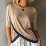 ElevenOra Chic Oat-Black Colorblock Round Neck Half Sleeve Asymmetric Cross Hem Loose-Fit Fine Knit Sweater Top