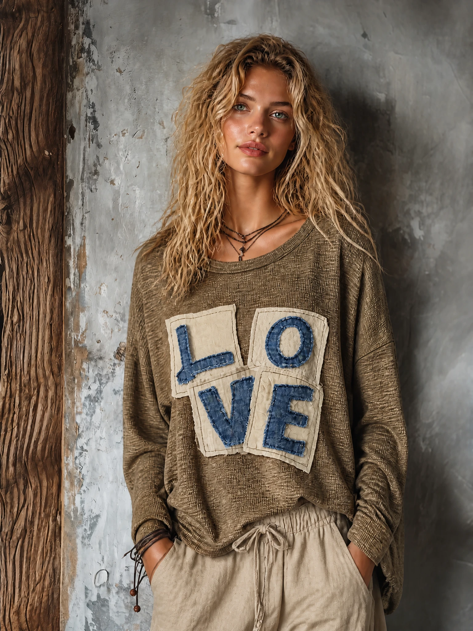 ElevenOra Chic Casual Olive Brown Round Neck Letter Applique Long Sleeve Loose-Fit Ribbed Knit Sweater Top