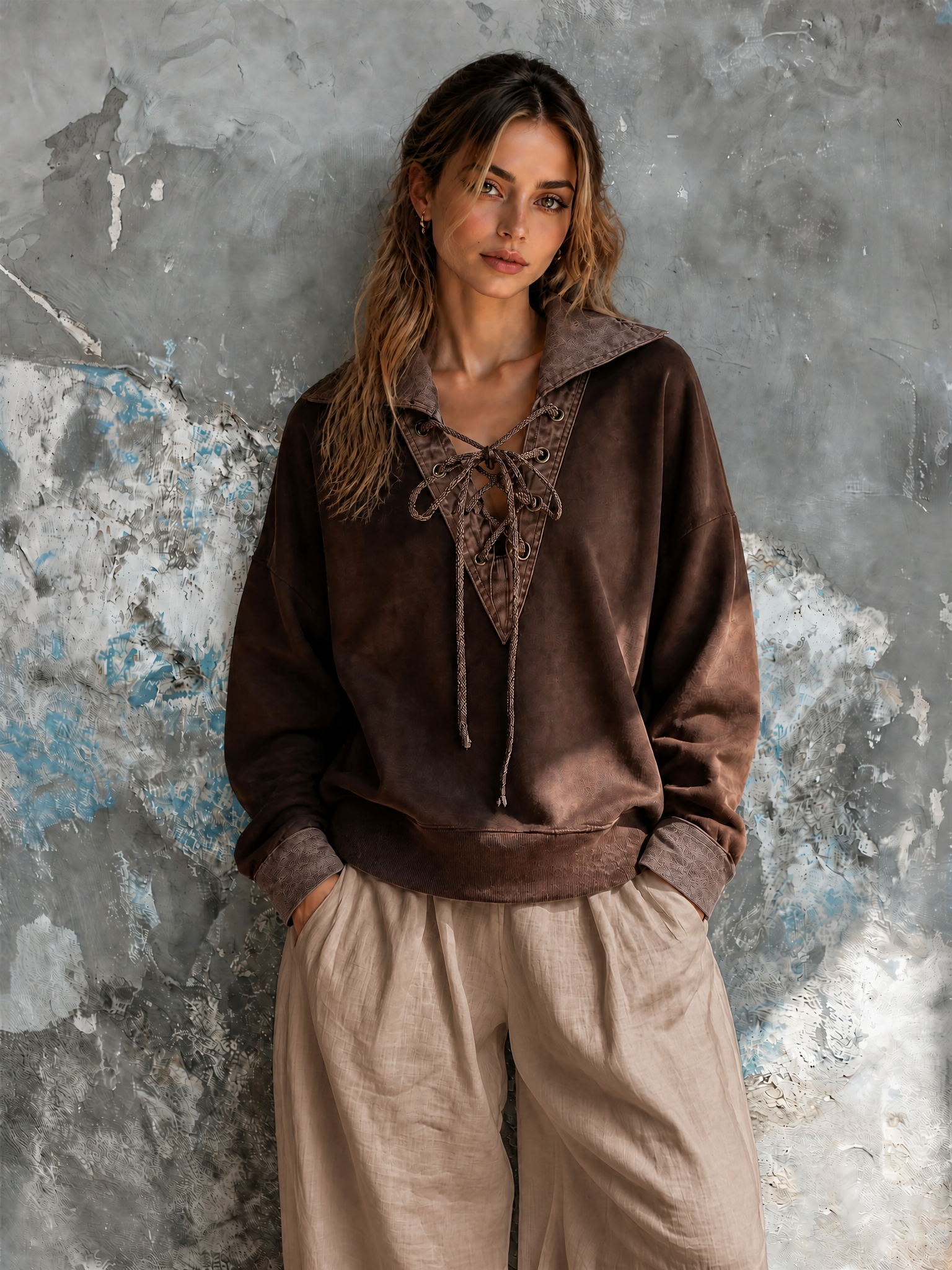 ElevenOra Chic Casual Brown Lapel Collar Eyelet Lace-Up V Neck Long Sleeve Loose-Fit French Terry Sweatshirt