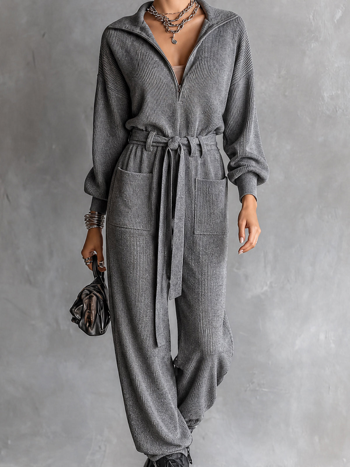 ElevenOra Chic Casual Grey Half-Zip Lapel Collar Long Sleeve Self Tie Belt Pocket Detail Loose-Fit Rib Knit Jumpsui