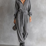 ElevenOra Chic Casual Grey Half-Zip Lapel Collar Long Sleeve Self Tie Belt Pocket Detail Loose-Fit Rib Knit Jumpsui