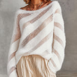 ElevenOra Chic White Fluffy Mohair Semi-Sheer Diagonal Striped Boat Neck Loose Long Sleeve Loose Knit Sweater Top