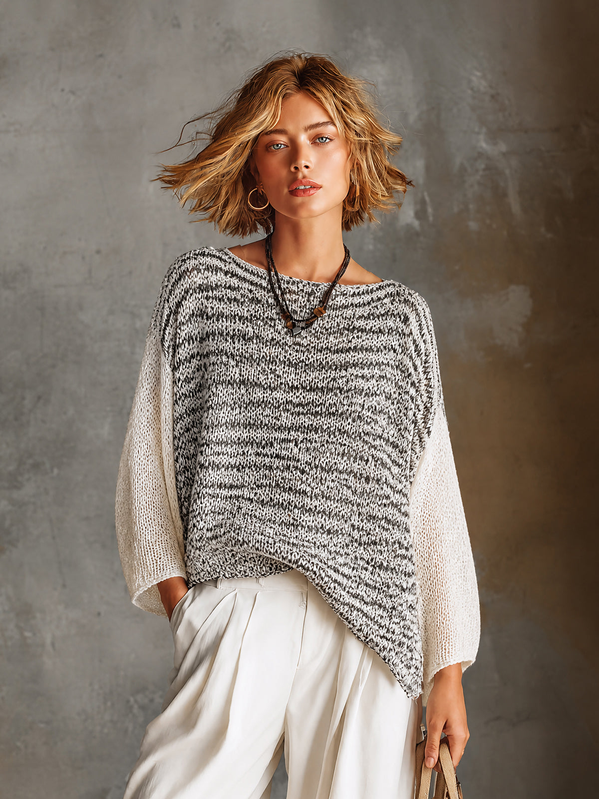 ElevenOra Chic White-Black Marled Boat Neck Three-Quarter Sleeve Irregular Hem Loose Knit Sweater Top