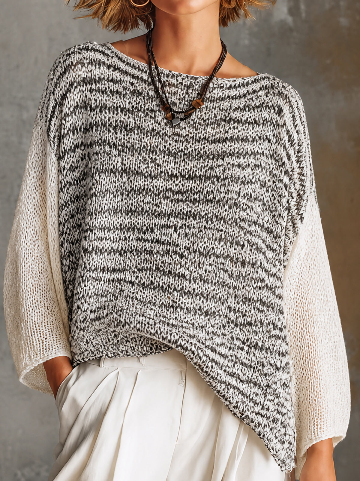 ElevenOra Chic White-Black Marled Boat Neck Three-Quarter Sleeve Irregular Hem Loose Knit Sweater Top