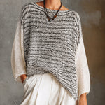 ElevenOra Chic White-Black Marled Boat Neck Three-Quarter Sleeve Irregular Hem Loose Knit Sweater Top
