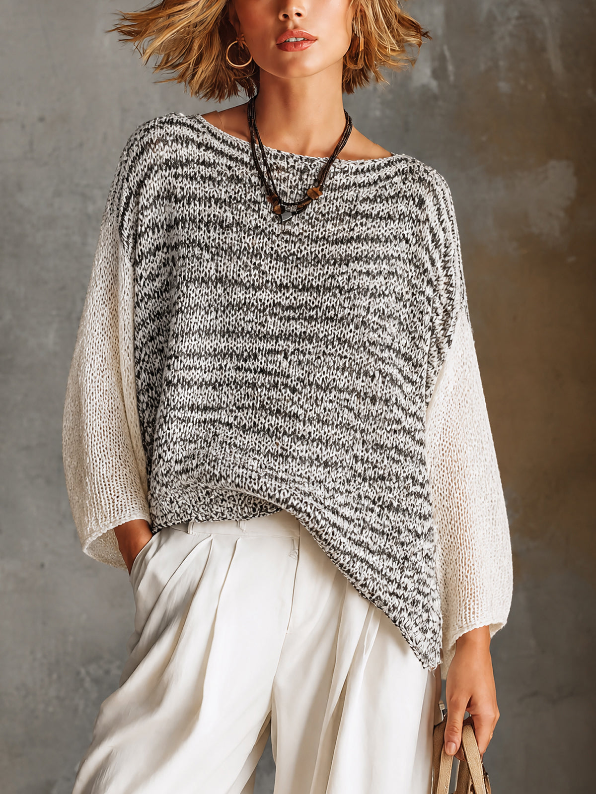 ElevenOra Chic White-Black Marled Boat Neck Three-Quarter Sleeve Irregular Hem Loose Knit Sweater Top