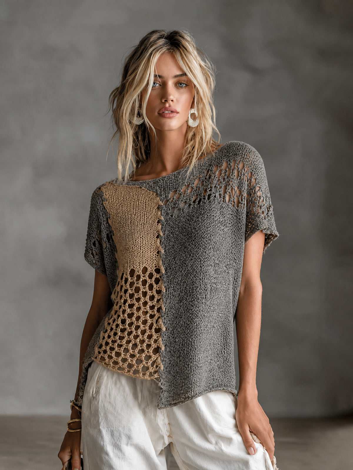 ElevenOra Chic Grey-Camel Colorblock Boat Neck Short Sleeve Asymmetric Hem Patchwork Loose Hollow Knit Sweater Top