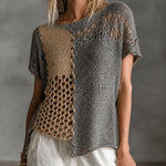 ElevenOra Chic Grey-Camel Colorblock Boat Neck Short Sleeve Asymmetric Hem Patchwork Loose Hollow Knit Sweater Top