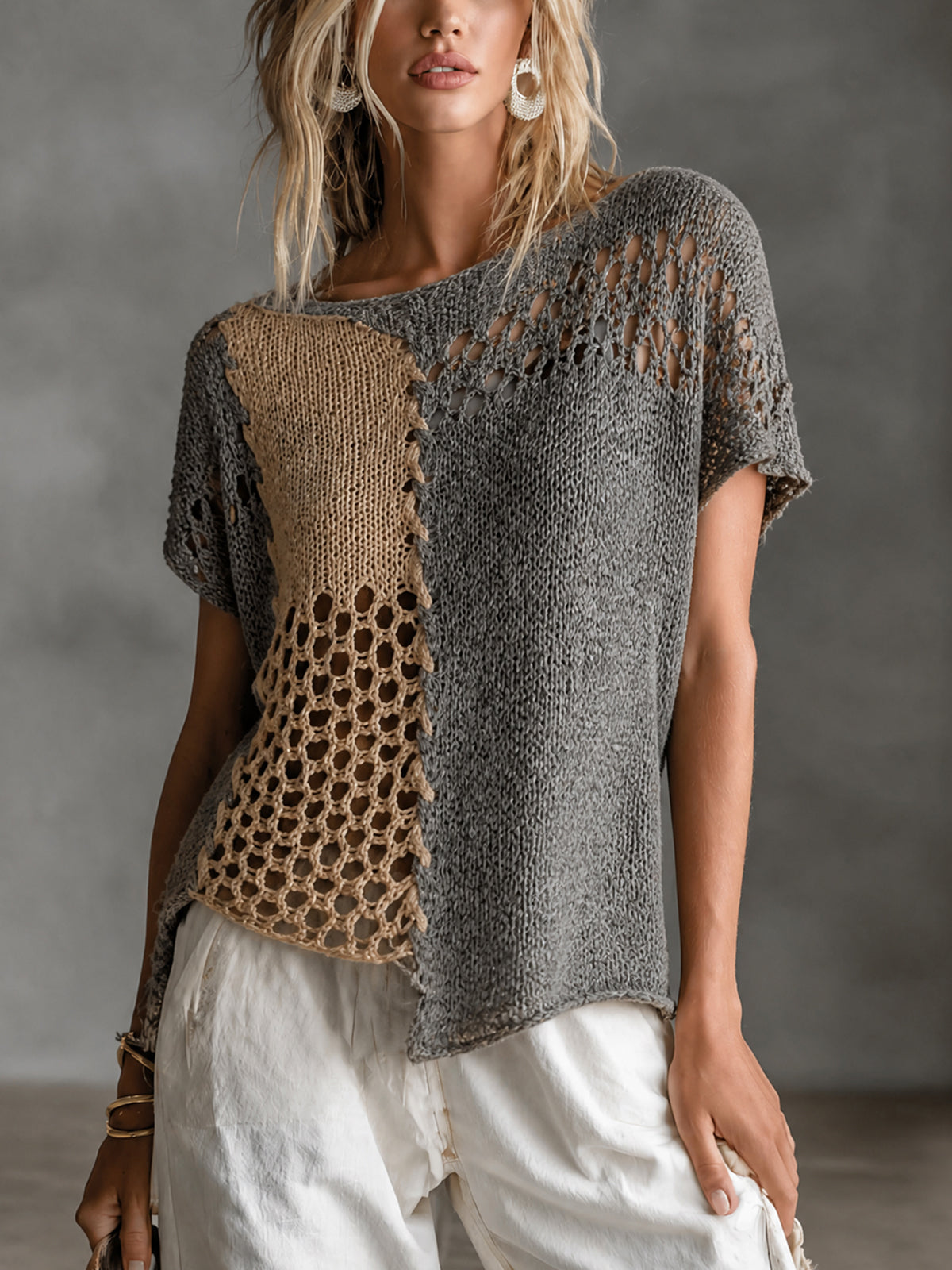 ElevenOra Chic Grey-Camel Colorblock Boat Neck Short Sleeve Asymmetric Hem Patchwork Loose Hollow Knit Sweater Top