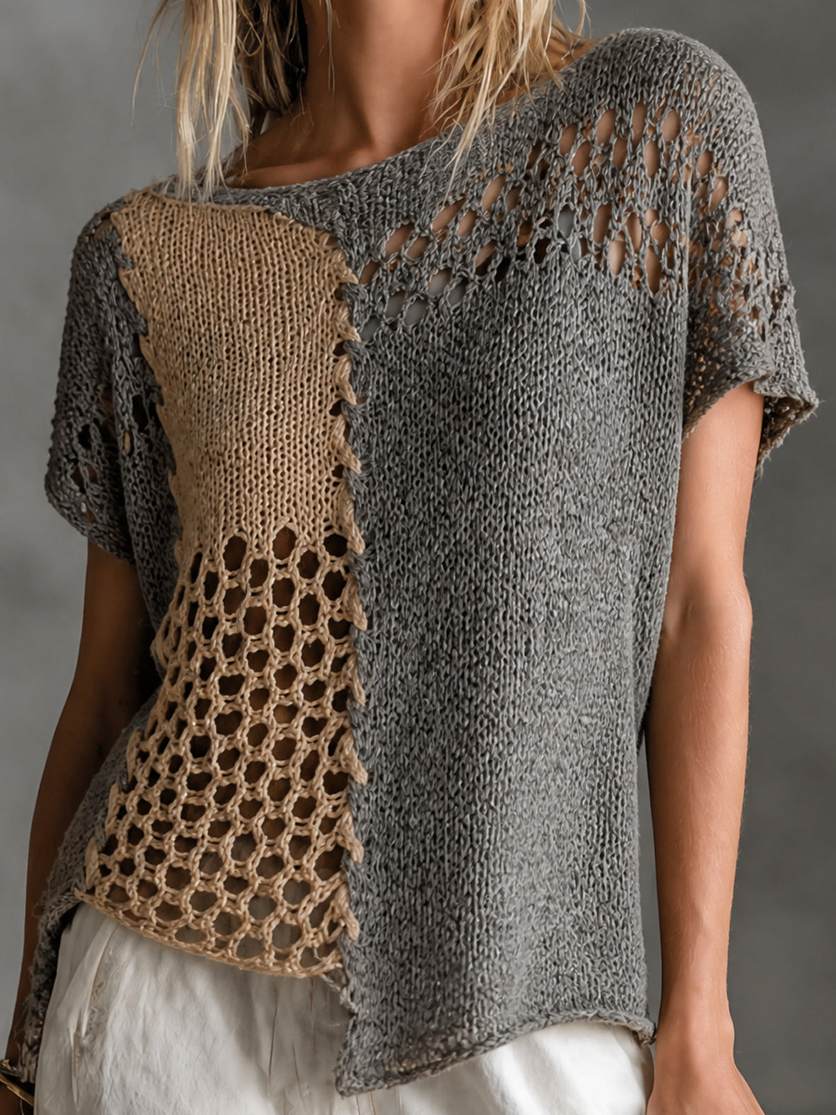 ElevenOra Chic Grey-Camel Colorblock Boat Neck Short Sleeve Asymmetric Hem Patchwork Loose Hollow Knit Sweater Top