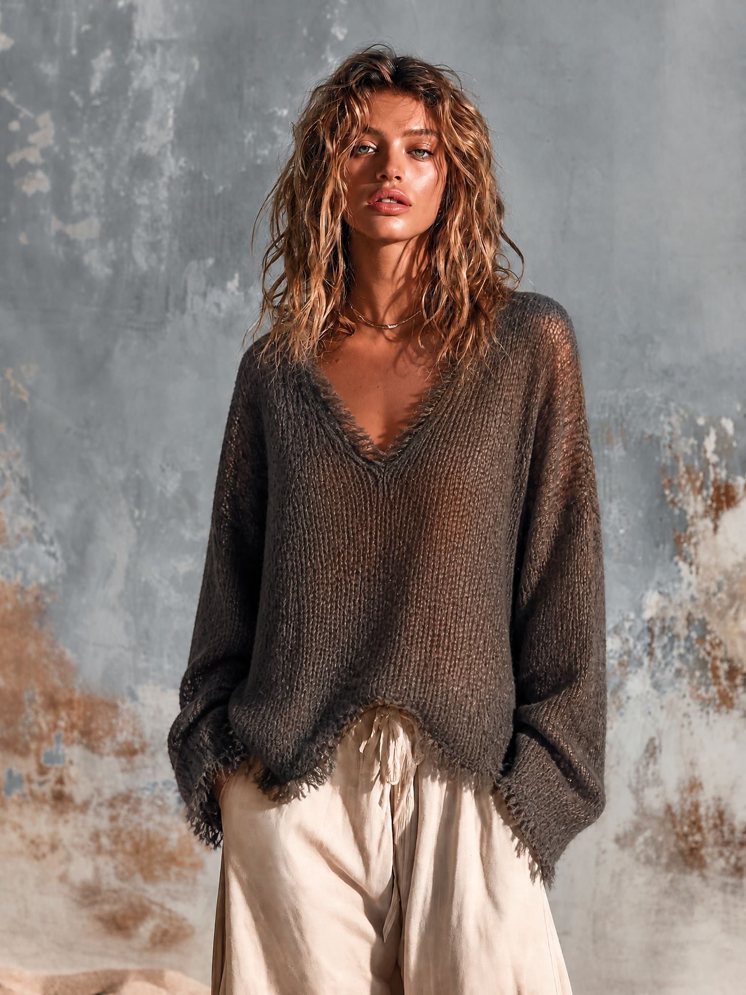 ElevenOra Chic Casual Charcoal Black V-Neck Frayed Edge Long Sleeve Loose-Fit Knit Sweater Top